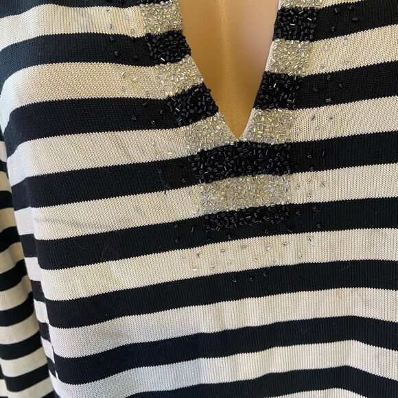 Vintage Talbots Knit Sweater Women Plus 1X Silk Nylon Black White Striped VNeck - Picture 7 of 9